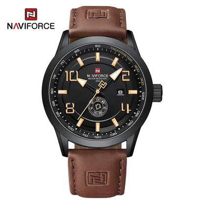 Montre-bracelet décontractée tendance NAVIFORCE pour homme, montre militaire de sport étanche avec bracelet en cuir, mouvement à quartz, calendrier