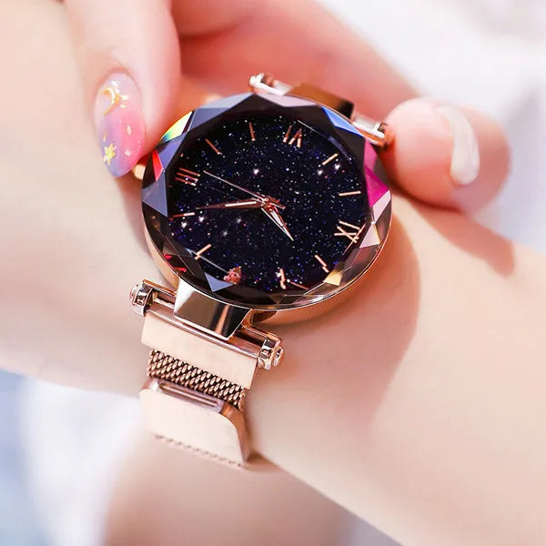 Montres Femme Ciel Étoilé Boucle Magnétique Ceinture en Maille Diamant Montre à Quartz Robe Horloge