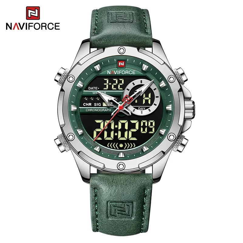 NAVIFORCE – Montres de mode pour homme, bracelet en cuir véritable, décontracté, militaire, étanche, chronographe numérique, mouvement à quartz, alarme
