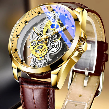 Montre transparente de mode en solde pour hommes, montres mécaniques d'imitation, cadran lumineux, bracelet en acier inoxydable, montres-bracelets à quartz pour hommes