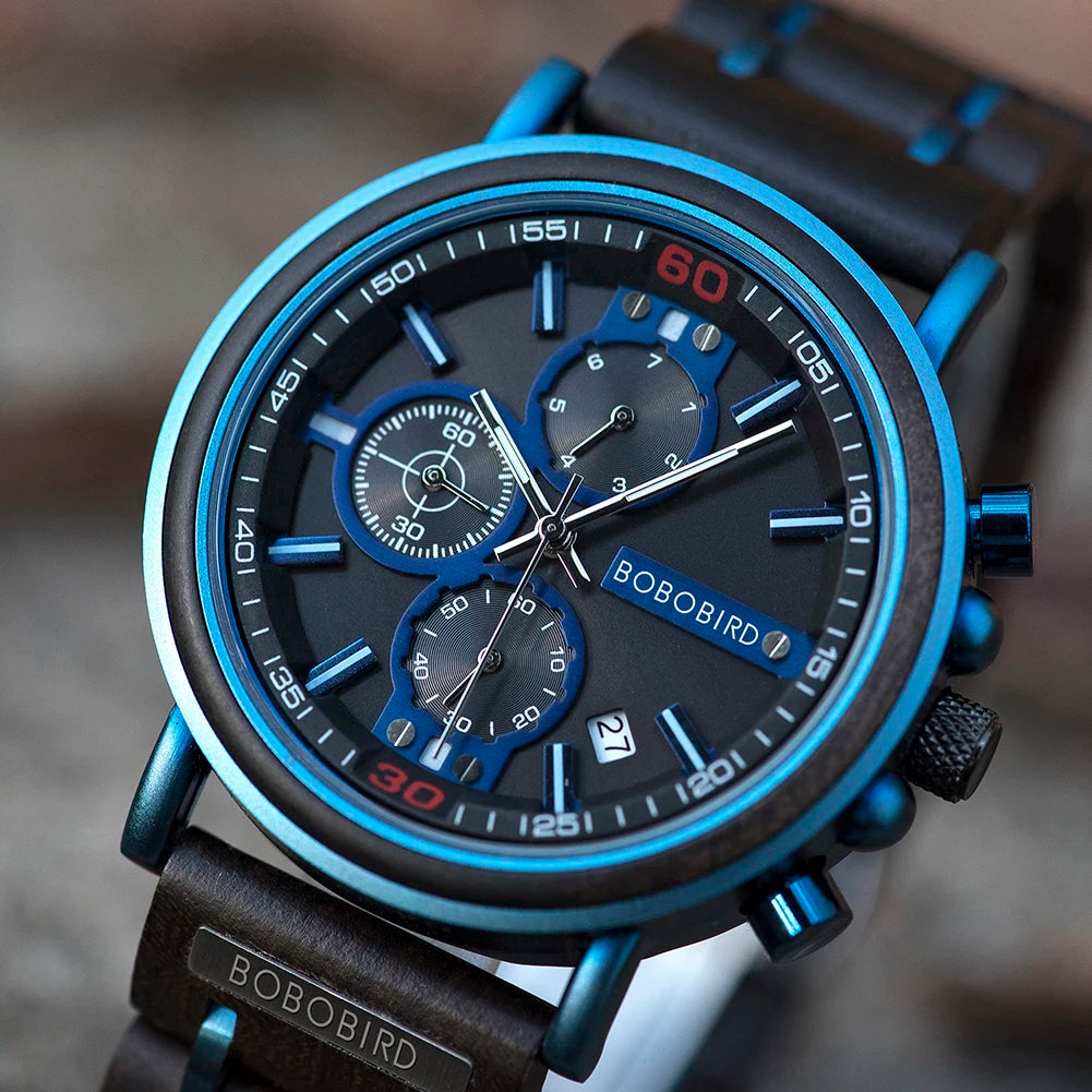 Relogio Masculino BOBO BIRD Montre Homme en Bois de Marque de Luxe Élégante Chronographe Militaire dans une Boîte en Bois reloj hombre