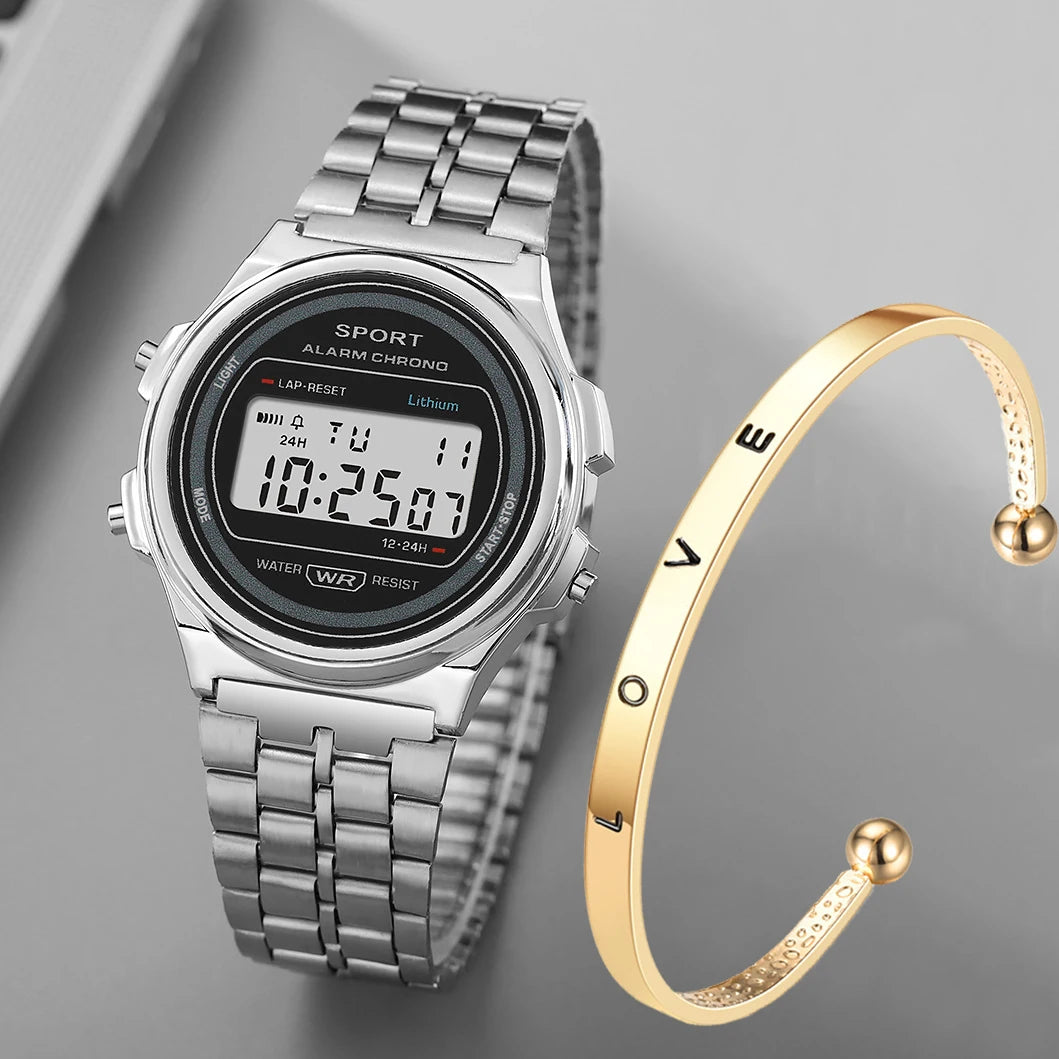 Montre électronique LED décontractée pour femmes, montre numérique LED rétro à bracelet en acier inoxydable pour dames, montre-bracelet de sport multifonction