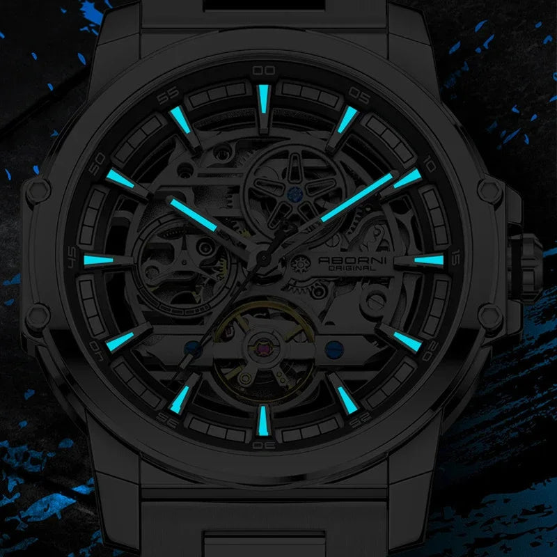 ABORNI 9039 Unique Design Skeleton Dial Tourbillon Men Watch Stainless Steel Waterproof Luxury Automatic Mechanical Men's Watch