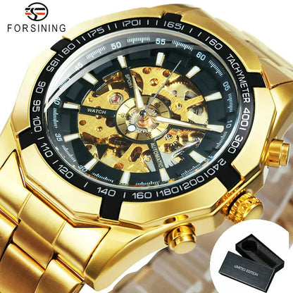 WINNER Classic Skeleton Watch for Men Luminous Hands Mechanical Watches Stainless Steel Strap Luxury Brand Forsining Wristwatch