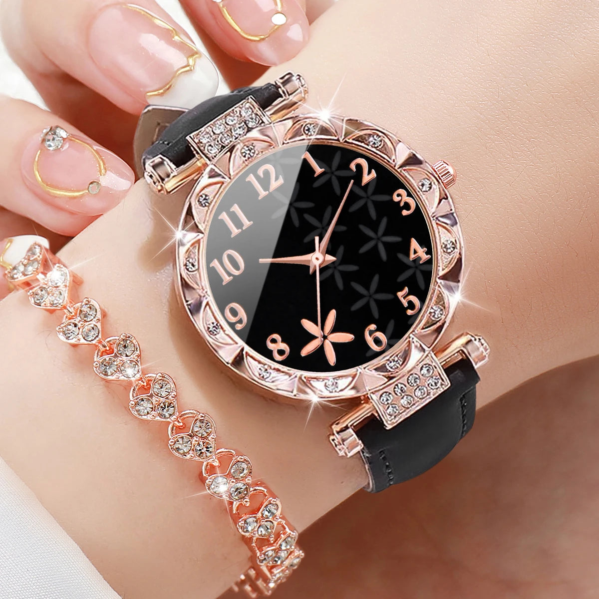 2 Pièces/Ensemble Montres Femme Bracelet Cœur Strass Ensemble Montre-Bracelet à Quartz en Cuir avec Cadran Fleur Tendance