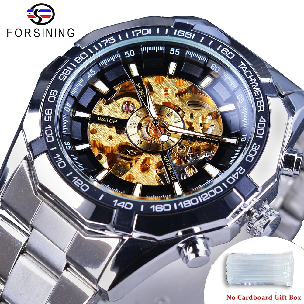 Forsining 2025 Montres Homme Squelette en Acier Inoxydable Étanche Marque de Luxe Transparente Mécanique Sport Montres-bracelets pour Hommes