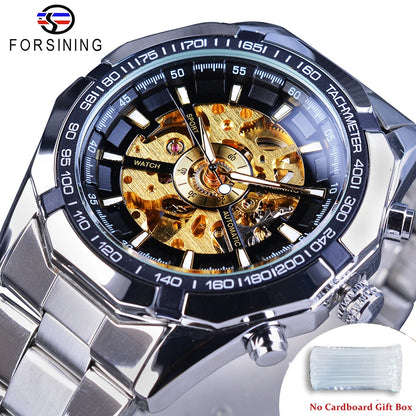 Forsining 2025 Montres Homme Squelette en Acier Inoxydable Étanche Marque de Luxe Transparente Mécanique Sport Montres-bracelets pour Hommes