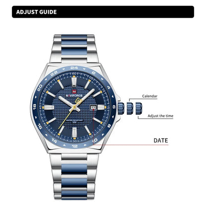 Montres de sport étanches NAVIFORCE 3 ATM pour hommes - Montre-bracelet à quartz de luxe en acier inoxydable avec affichage lumineux de la date