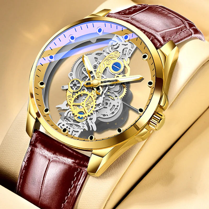Montre transparente de mode en solde pour hommes, montres mécaniques d'imitation, cadran lumineux, bracelet en acier inoxydable, montres-bracelets à quartz pour hommes
