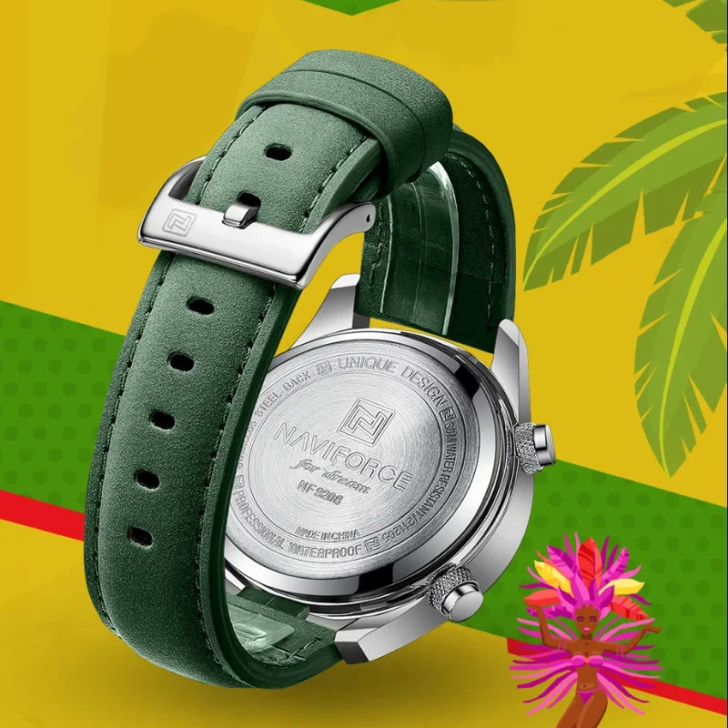 NAVIFORCE – Montre Homme Tendance en Cuir Vert, Militaire, Étanche, Chronographe Numérique, Quartz, Bracelet Homme, Réveil