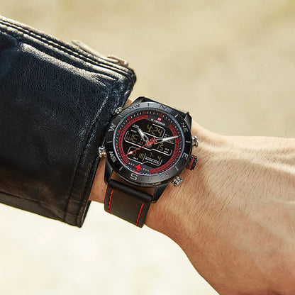 NAVIFORCE – Montre de sport de luxe à quartz pour homme, en cuir véritable, étanche, avec affichage de la date, du jour de la semaine et LED
