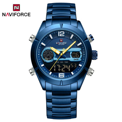 Montre de sport militaire de luxe NAVIFORCE pour hommes, lumineuse, étanche, bracelet en acier, affichage double numérique à quartz, montre-bracelet masculine.