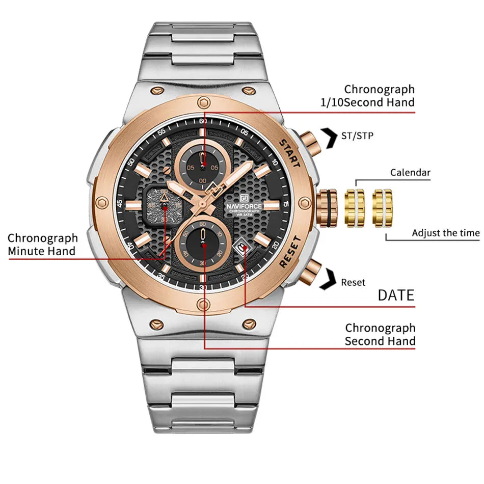 NAVIFORCE Montre Homme Quartz Top Marque Luxe Lumineux Chronographe Montre-Bracelet Acier Inoxydable Étanche Hommes Date Calendrier Horloge