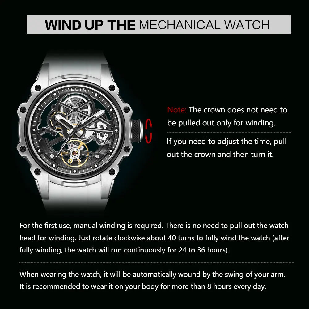 MEGIR Sports Automatic Mechanical Watch for Men Fashion Stainless Steel Cased Wristwatch with White Silicone Strap Skeleton Dial