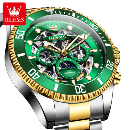 OLEVS 6715 Montre Homme Évidée Date Automatique Mécanique Pour Hommes 43mm Grand Cadran Phase de Lune Montre-Bracelet Étanche Tendance Pour Homme
