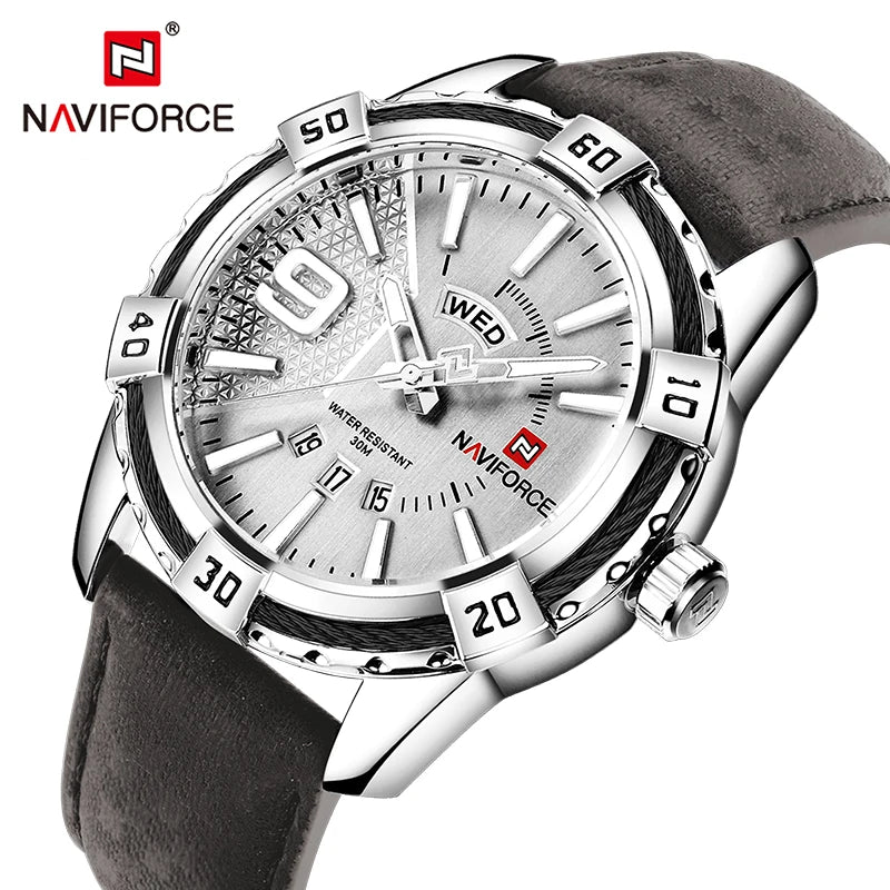 Montres NAVIFORCE militaires sportives lumineuses de luxe pour hommes, affichage du jour et de la date, étanches, en cuir, montres-bracelets à quartz pour hommes