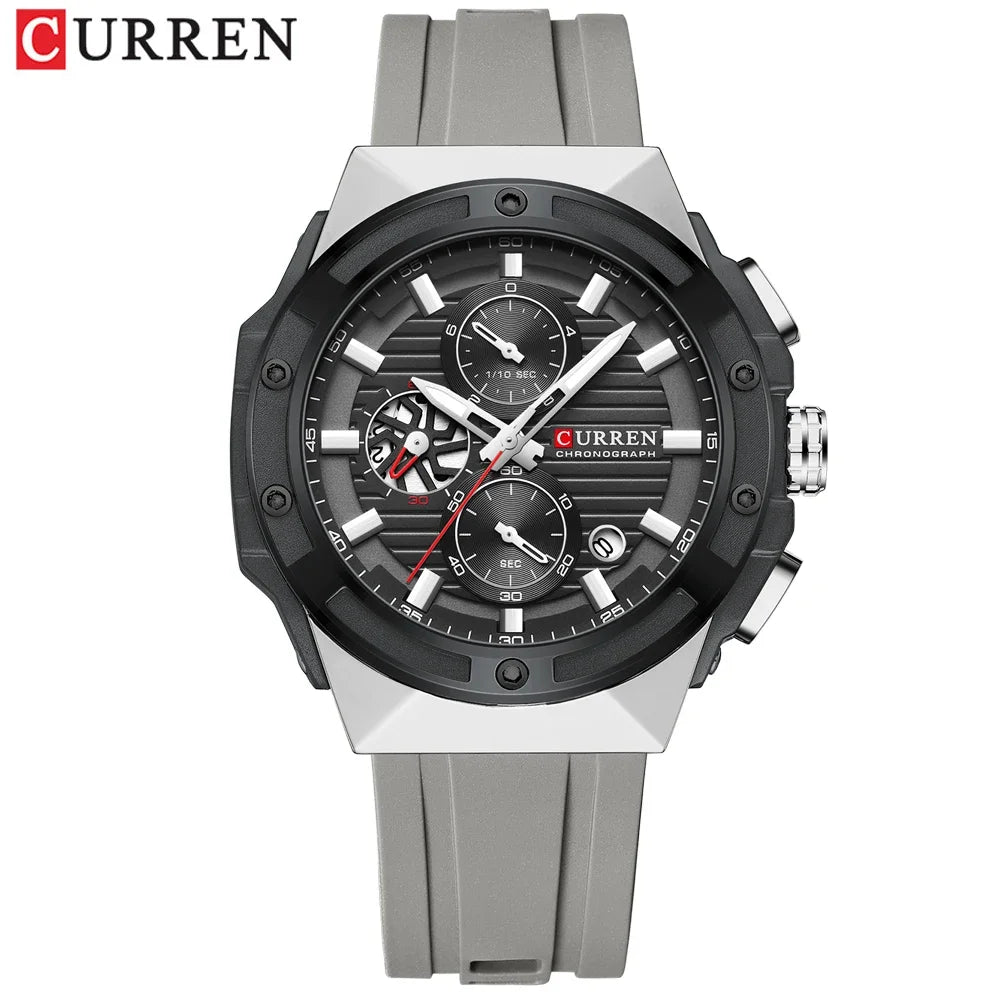 CURREN Montre à quartz multifonctionnelle de sport à la mode avec bracelet en silicone Cadran au design créatif Aiguilles lumineuses