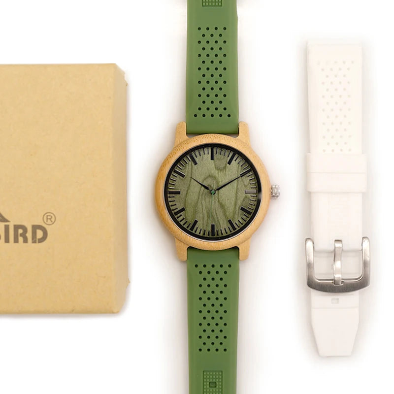 BOBO BIRD Montre en bois de bambou pour homme, montre à quartz avec bracelet en silicone vert, bracelet supplémentaire, cadeau pour homme avec boîte relogio masculino W-B06