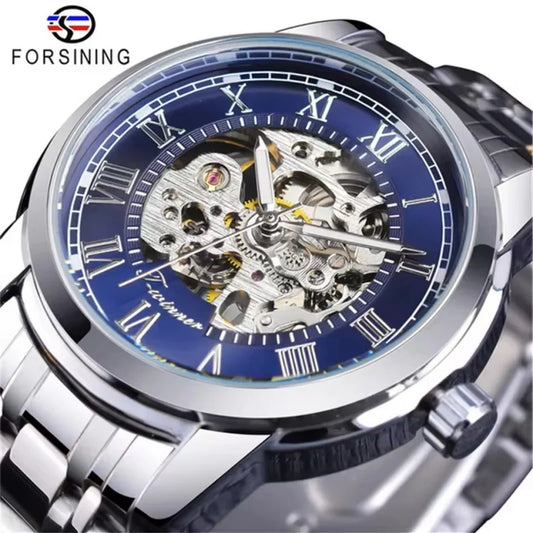 Forsining 349 Montre mécanique pour homme, boîtier rond, squelette, acier inoxydable, argenté et noir, montres-bracelets manuelles pour homme