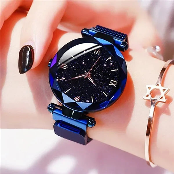 Montres Femme Ciel Étoilé Boucle Magnétique Ceinture en Maille Diamant Montre à Quartz Robe Horloge