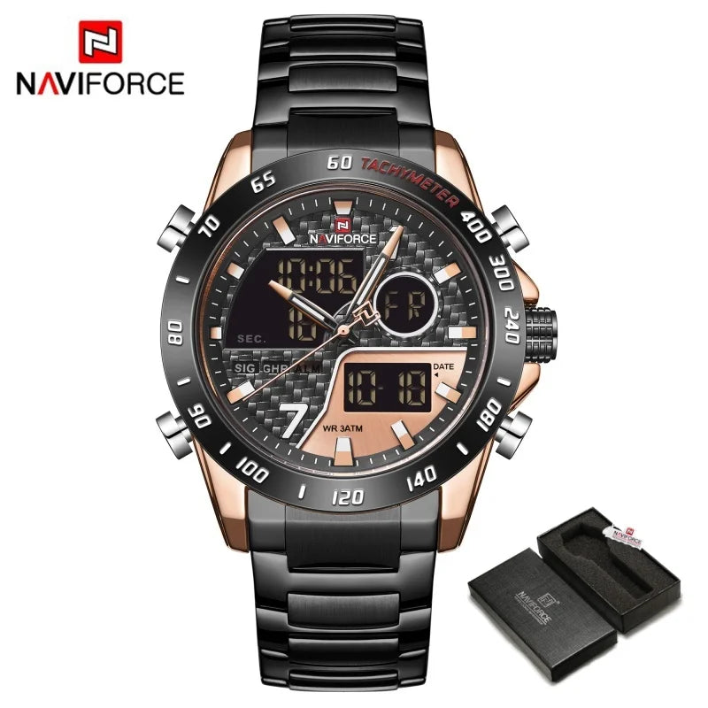 Montres NAVIFORCE Hommes Quartz Double Affichage Lumineux Bracelet en Acier Inoxydable Montre-Bracelet Masculine Affaires Quotidiennes Cadeaux Fête des Pères