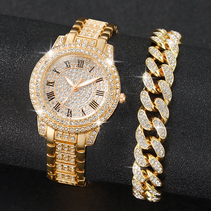 2 montres tendance avec diamants pour femme, montres-bracelets de luxe en or avec strass, Relogio Feminino