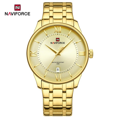 NAVIFORCE Nouvelle Montre à Quartz pour Homme avec Bracelet en Acier Inoxydable, Calendrier, Modèle Business Décontracté, Étanche et Antichoc
