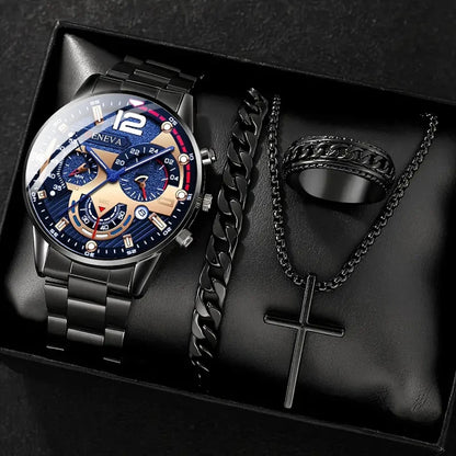 Ensemble de 4 pièces : montre à quartz pour homme en alliage doré de style romain avec calendrier et collier croix, bracelet et bague, cadeau sélectionné