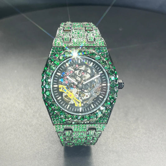 Automatic Watch For Men Luxury Full Green Ice Out Business Tourbillon Watches Bling Diamond Gold Male Mechanical Wristwatch