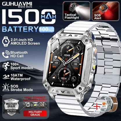 Montre Intelligente Militaire Homme 1500mAh Longue Autonomie Sport Extérieur Montre Connectée Homme Étanche 10ATM Fréquence Cardiaque Appel BT Grande Batterie