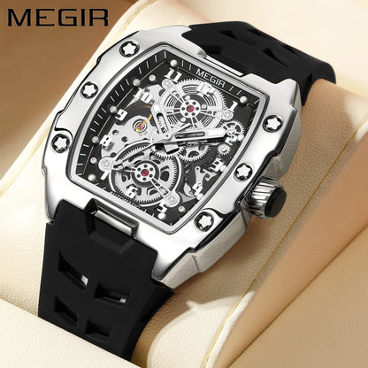 MEGIR Montre Homme Sport Tendance Boîtier Alliage Mécanique Étanche Bracelet Silicone Cadran Tonneau Aiguilles Lumineuses Montres-bracelets Homme