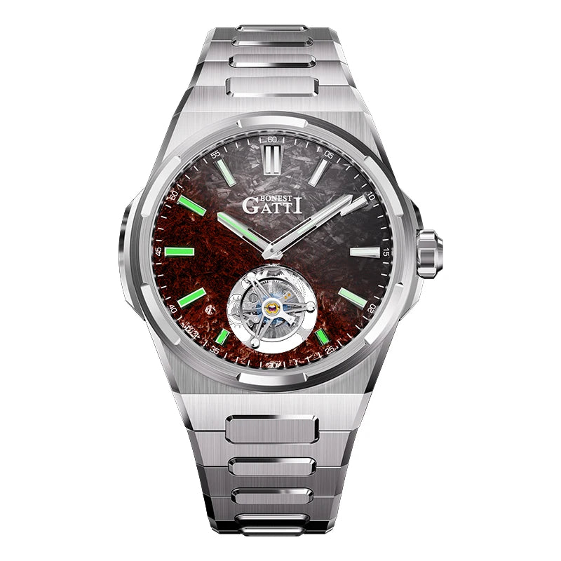 Montre Tourbillon Homme BONEST GATTI 43mm Montre-bracelet Mécanique Verre Saphir Cadran Fibre de Carbone Lumineux en Cristal