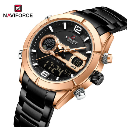 Montre de sport militaire de luxe NAVIFORCE pour hommes, lumineuse, étanche, bracelet en acier, affichage double numérique à quartz, montre-bracelet masculine.
