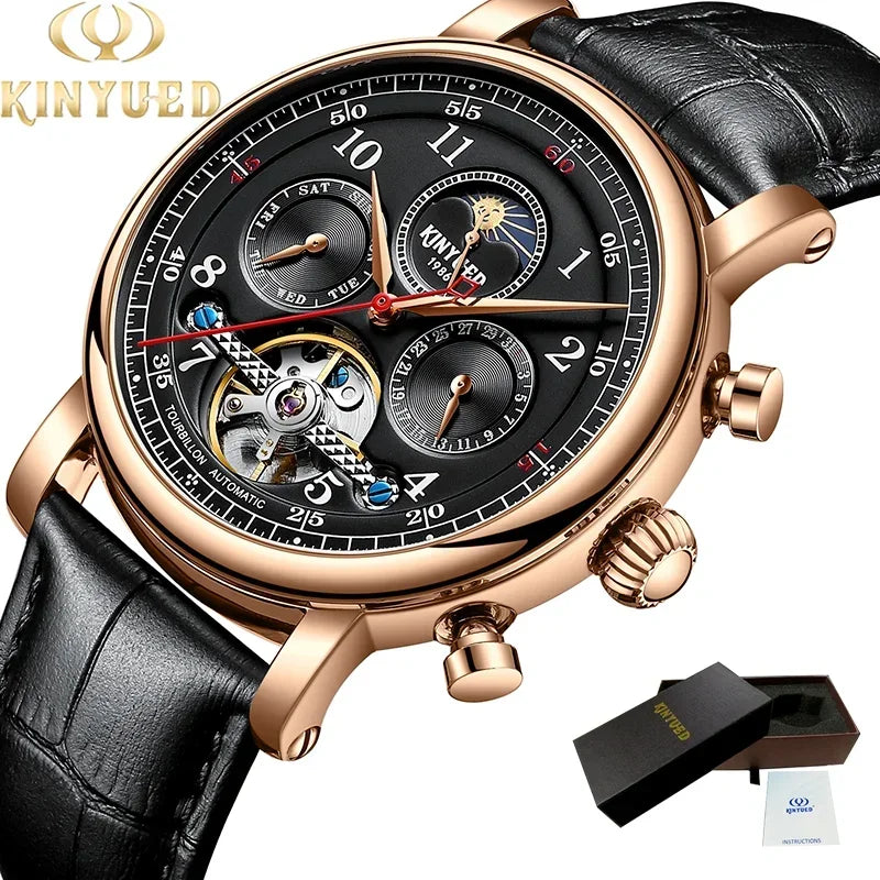 KINYUED Luxury Watches for Men Automatic Mechanical Moon Phase Men Watches Hollow Design Leather Strap Male Business Wristwatch