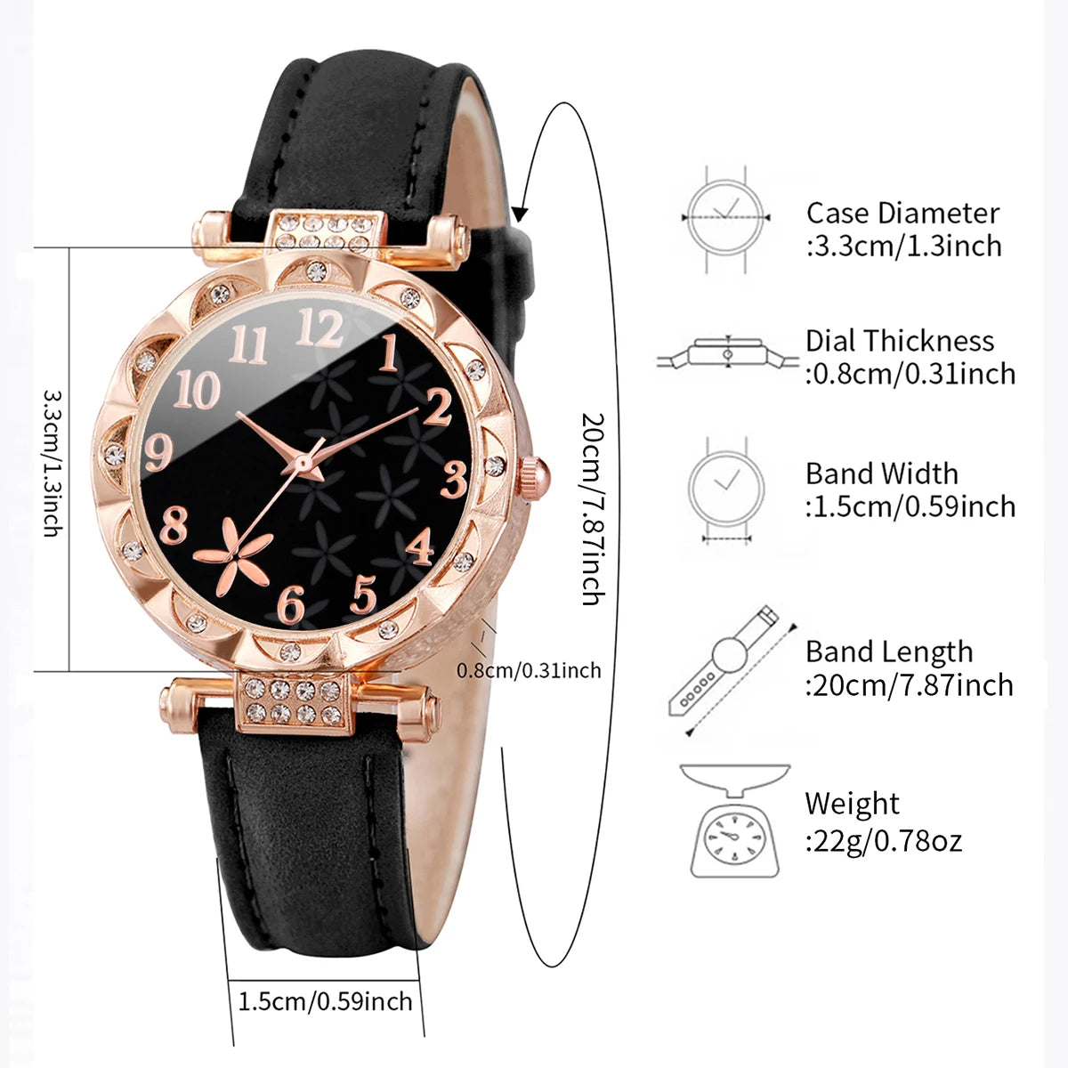2 Pièces/Ensemble Montres Femme Bracelet Cœur Strass Ensemble Montre-Bracelet à Quartz en Cuir avec Cadran Fleur Tendance