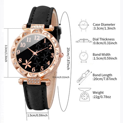 2 Pièces/Ensemble Montres Femme Bracelet Cœur Strass Ensemble Montre-Bracelet à Quartz en Cuir avec Cadran Fleur Tendance