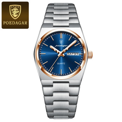 POEDAGAR Montres élégantes pour femmes Étanche Lumineux Date Semaine Montre Femme Quartz Acier inoxydable Montre-bracelet de mode pour femme