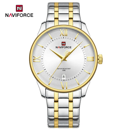 NAVIFORCE Nouvelle Montre à Quartz pour Homme avec Bracelet en Acier Inoxydable, Calendrier, Modèle Business Décontracté, Étanche et Antichoc