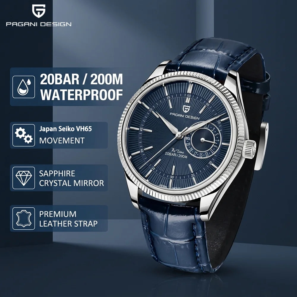 PAGANI DESIGN Montre-bracelet à quartz pour hommes, Montre de plongée de luxe en verre saphir, Étanche 200 m, Date, Montre d'affaires pour hommes