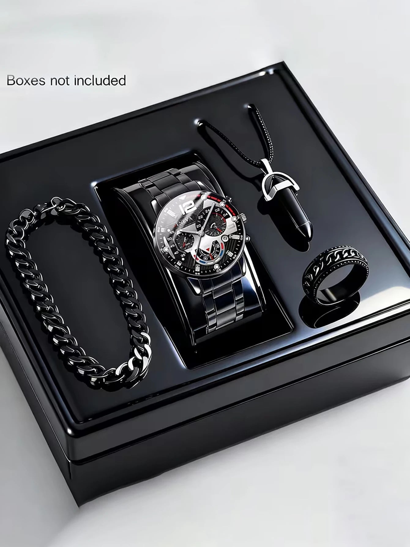 Ensemble Montre Tendance Quartz Homme avec Bracelet Collier Bague Fonction Calendrier Cadeau d'Anniversaire Sans Boîte