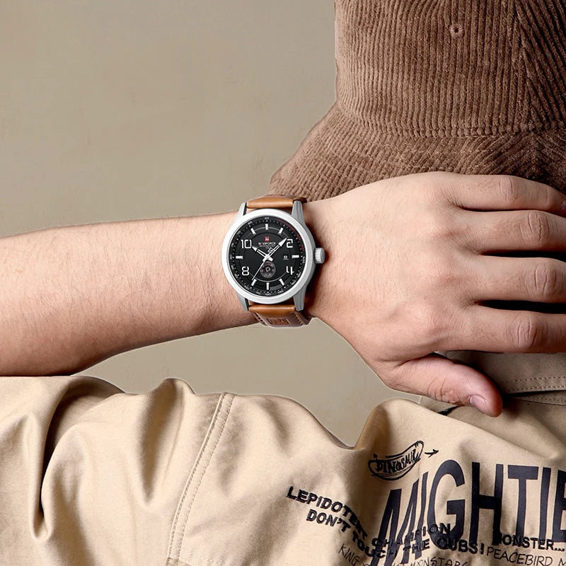 Montre-bracelet décontractée tendance NAVIFORCE pour homme, montre militaire de sport étanche avec bracelet en cuir, mouvement à quartz, calendrier