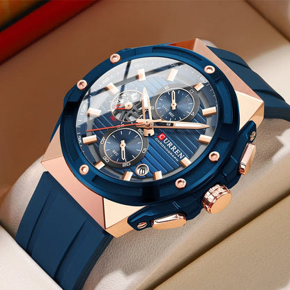 CURREN Montre à quartz multifonctionnelle de sport à la mode avec bracelet en silicone Cadran au design créatif Aiguilles lumineuses