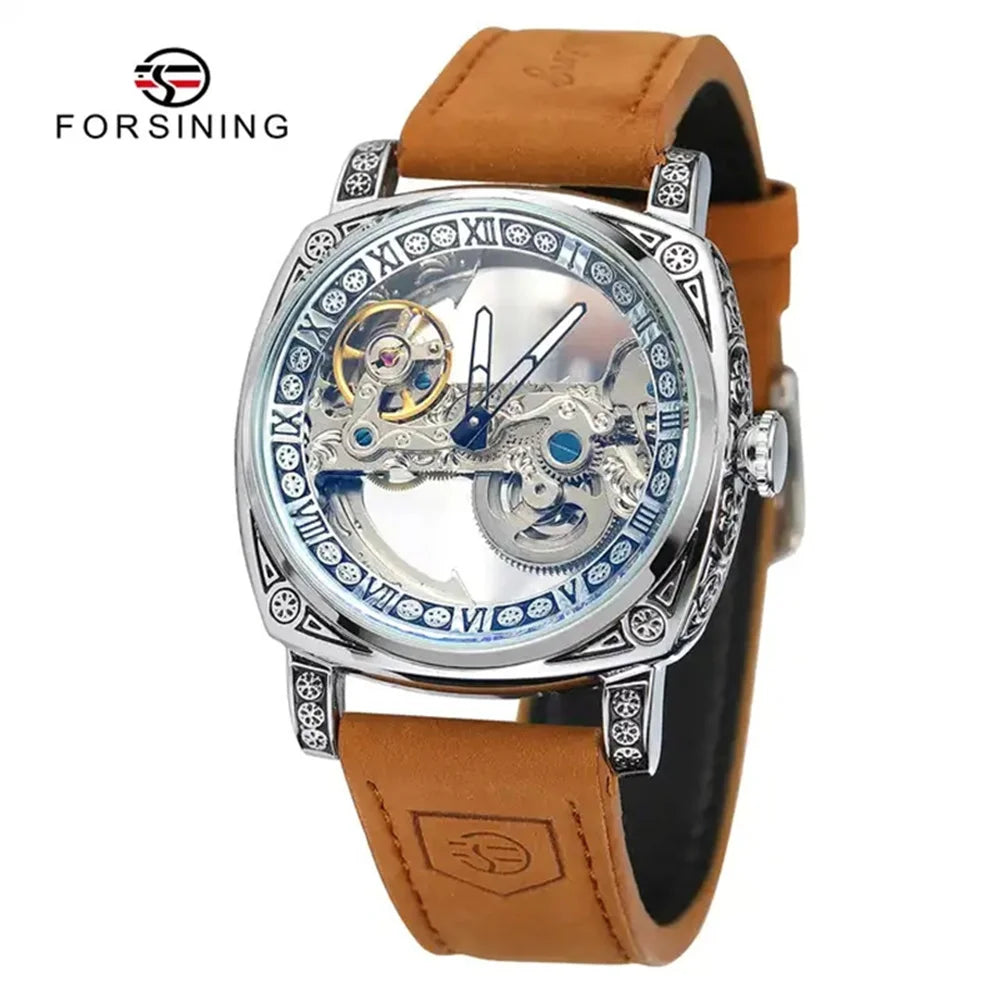 Forsining 403B Montres-bracelets automatiques pour hommes avec cadran squelette argenté et bracelet en cuir marron, cadeau idéal pour une fête