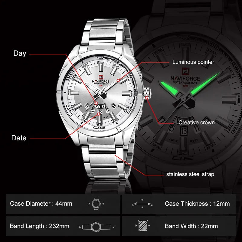 Montres Hommes NAVIFORCE, en Acier, Étanche, Quartz, Date, Montre-Bracelet de Luxe pour Homme de Marque Supérieure, relogio masculino