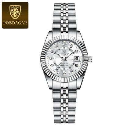 POEDAGAR Montre-bracelet de mode pour femmes Étanche Lumineuse Date Montres élégantes pour dames Montre à quartz en acier inoxydable pour femmes Reloj