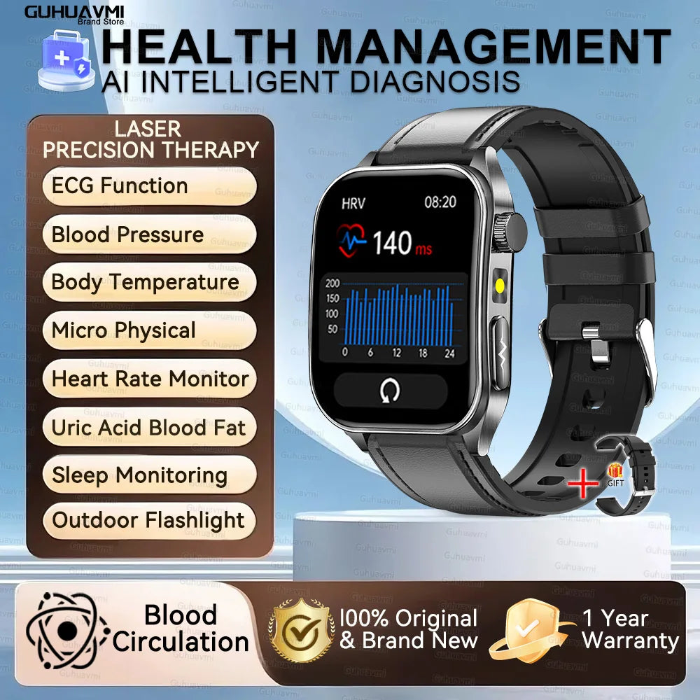 Montre Intelligente de Santé 2026 Thérapie Laser Réduction des Trois Hyper (Tension, Glycémie, Lipides) Oxygène Sanguin Pression Acide Urique ECG Montre Connectée pour Homme