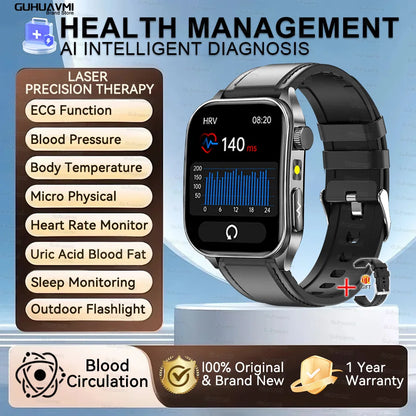 Montre Intelligente de Santé 2026 Thérapie Laser Réduction des Trois Hyper (Tension, Glycémie, Lipides) Oxygène Sanguin Pression Acide Urique ECG Montre Connectée pour Homme