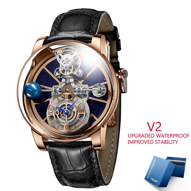 PINDU Design Montre à quartz pour homme collection Celestial, miroir incurvé, cadran ciel étoilé, surface cristalline, thème Terre, montre-bracelet