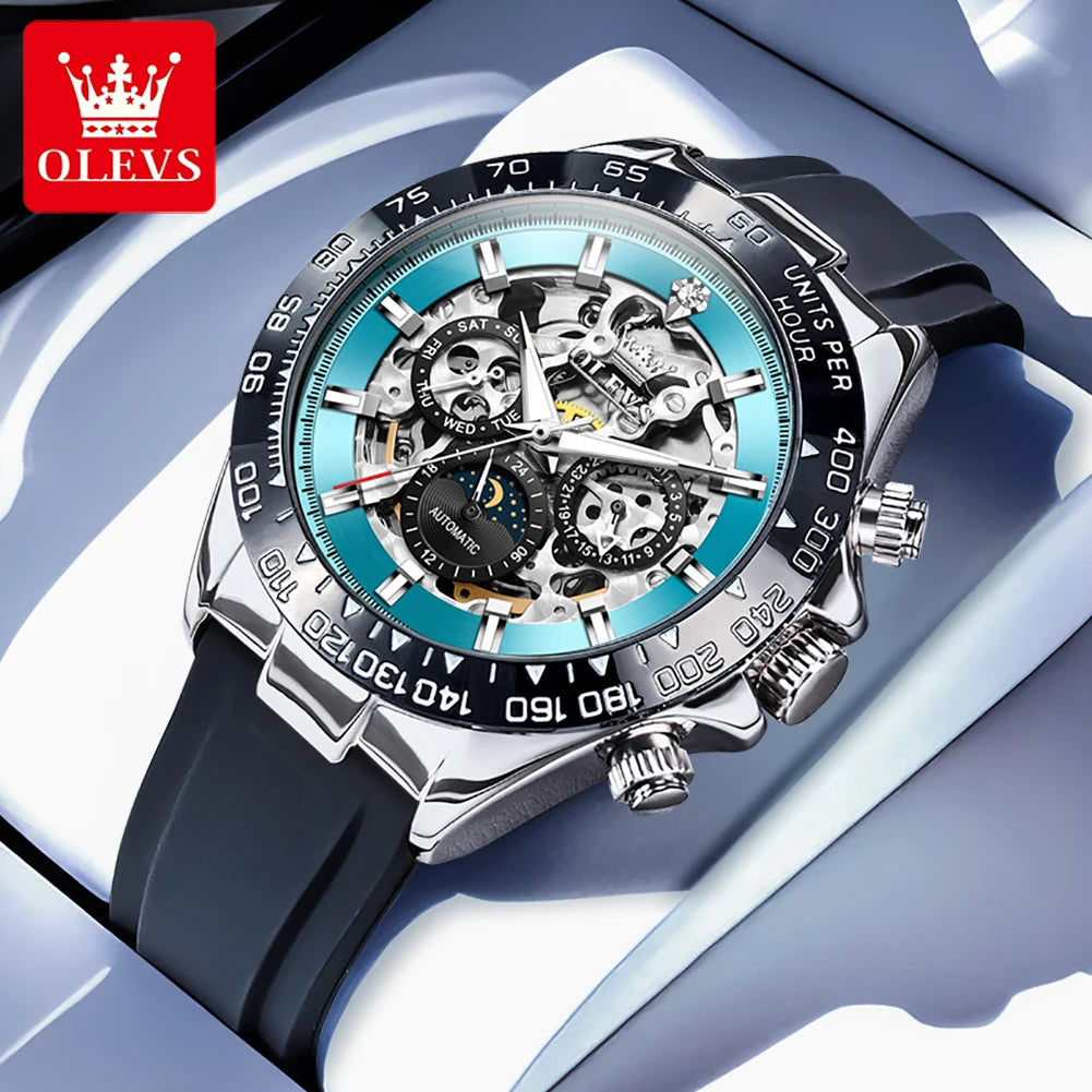 OLEVS 6713 Business Men's Watches Moon Phase Luminous Calendar Skeleton Automatic Mechanical Wristwatch for Man