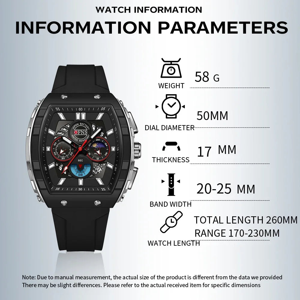 Montres-bracelets de mode en quartz OFNS pour homme, lumineuses, étanches, chronographe, calendrier, bracelet en silicone, montre de sport de luxe d'extérieur pour homme
